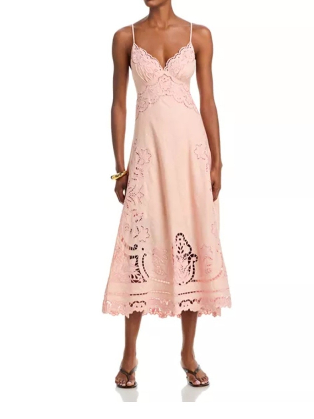FARM Rio Blush Pink Eyelet-Detail Midi Dress
